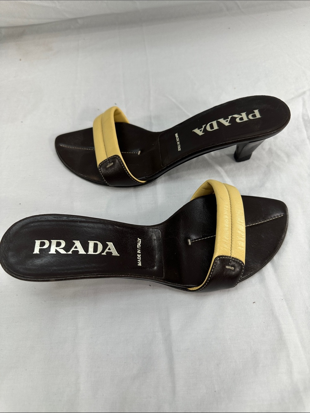 Vintage Prada Leather Mules Kitten Heel Sz 36 US 6 Brown/Tan Slip On Sandals - Picture 10 of 12